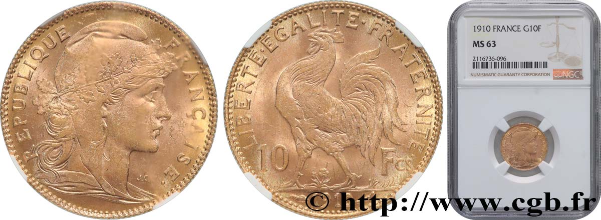 10 francs Coq 1910 Paris F.509/11 MS63 NGC