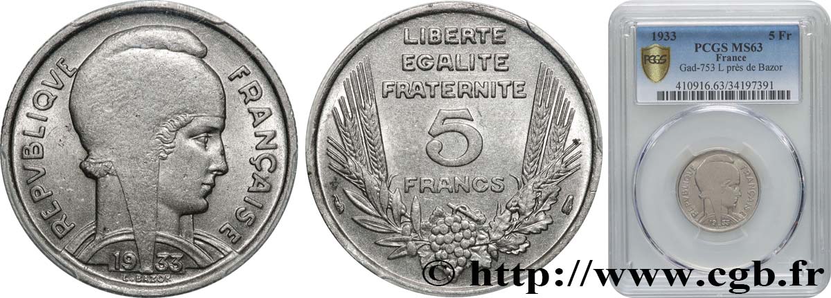 5 francs Bazor 1933  F.335/3 MS63 PCGS