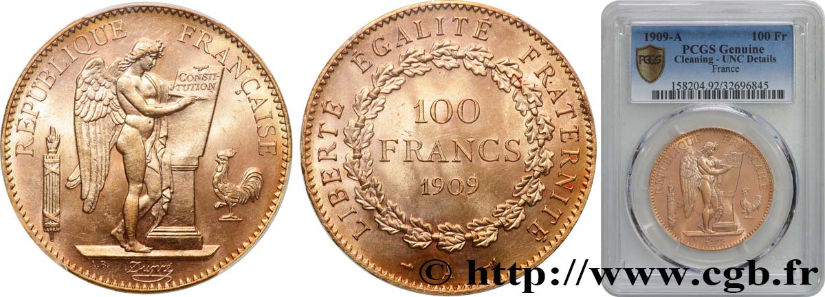 100 francs or Génie, tranche inscrite en relief Liberté Égalité Fraternité 1909 Paris F.553/3 SUP+ PCGS