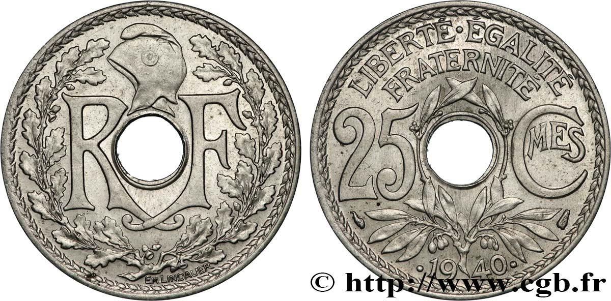 25 centimes Lindauer, maillechort 1940  F.172/4 AU 