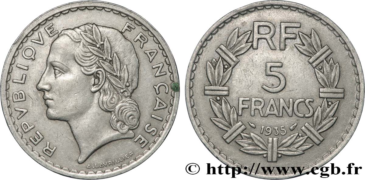 5 francs Lavrillier, nickel 1935  F.336/4 MBC 
