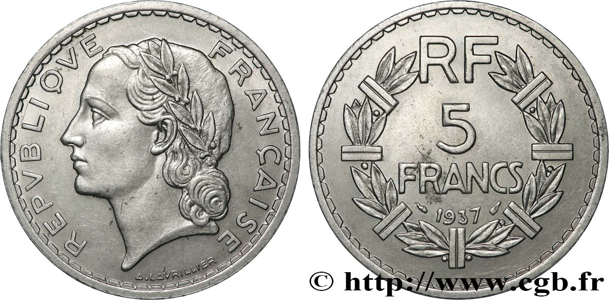 5 francs Lavrillier, nickel 1937  F.336/6 SUP 