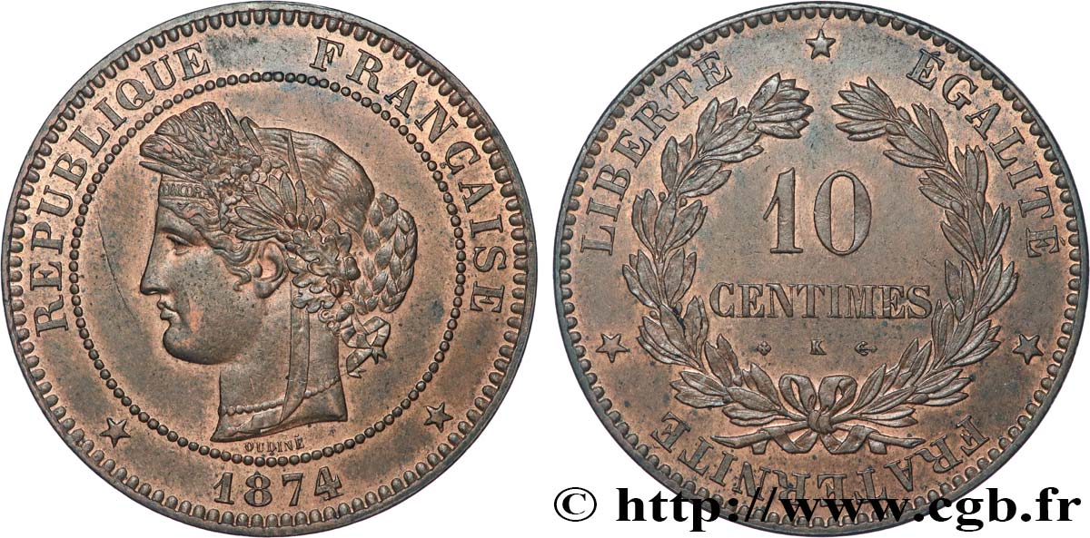 10 centimes Cérès 1874 Bordeaux F.135/13 MS60 