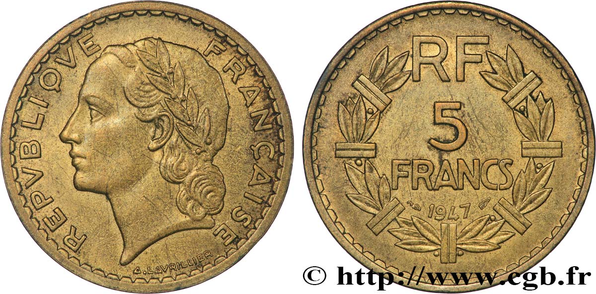 5 francs Lavrillier, bronze-aluminium 1947  F.337/9 AU58 