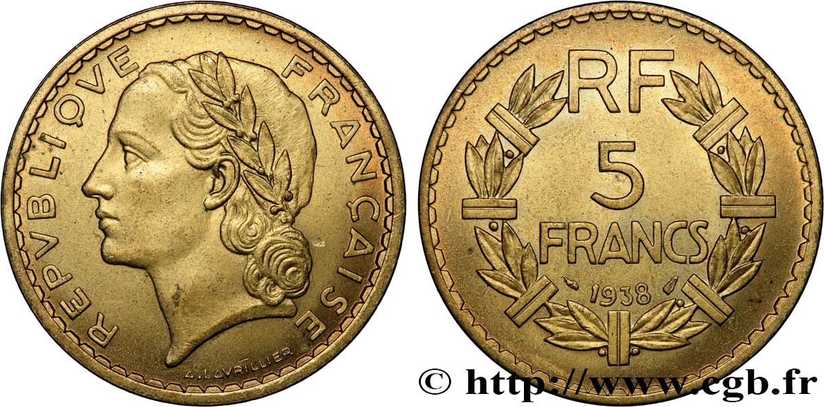 5 francs Lavrillier, bronze-aluminium 1938  F.337/1 fST63 