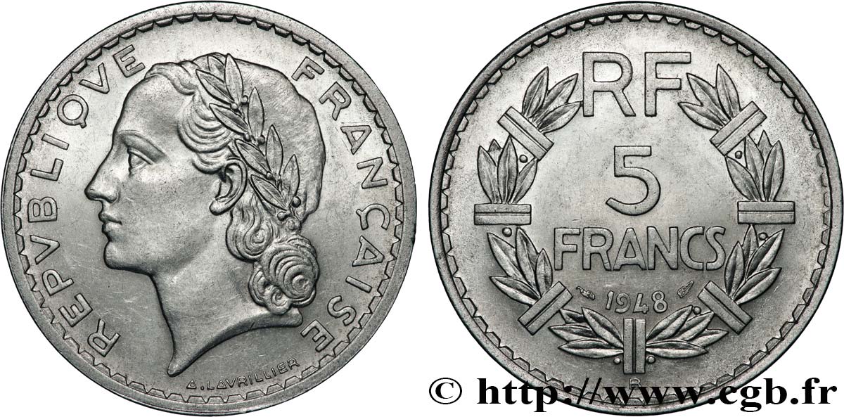 5 francs Lavrillier, aluminium 1948 Beaumont-Le-Roger F.339/15 SPL62 