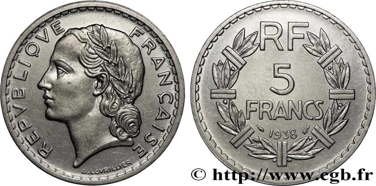 5 francs Lavrillier, nickel 1938  F.336/7 VZ+ 