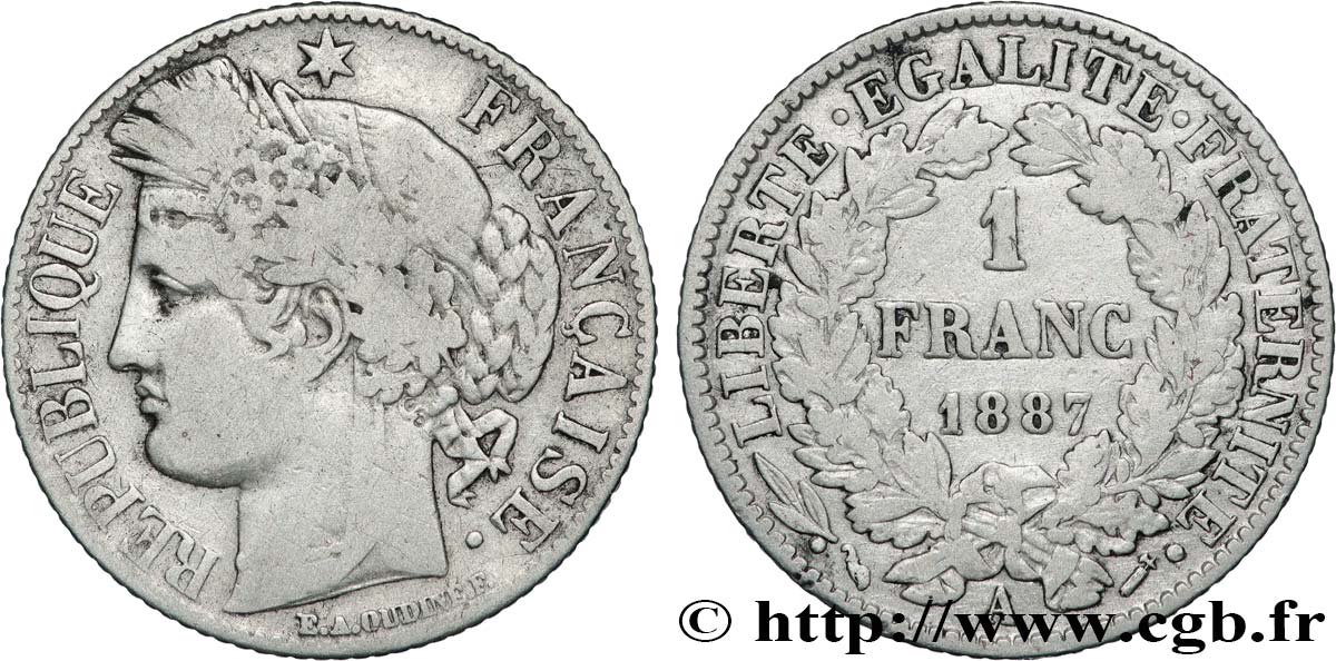 1 franc Cérès, IIIe République 1887 Paris F.216/9 F 