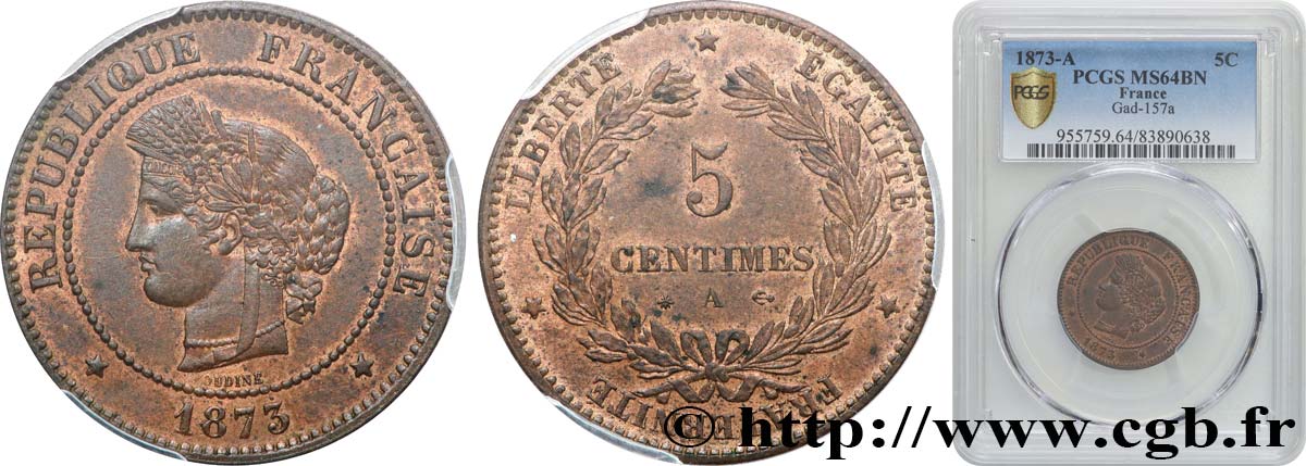 5 centimes Cérès 1873 Paris F.118/7 SPL64 PCGS