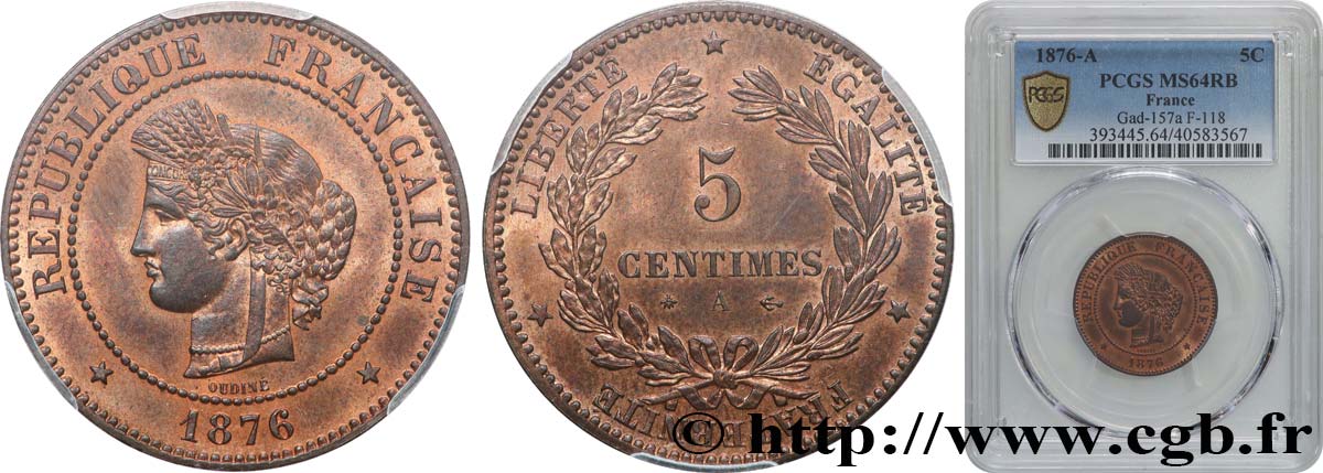 5 centimes Cérès 1876 Paris F.118/13 SC64 PCGS