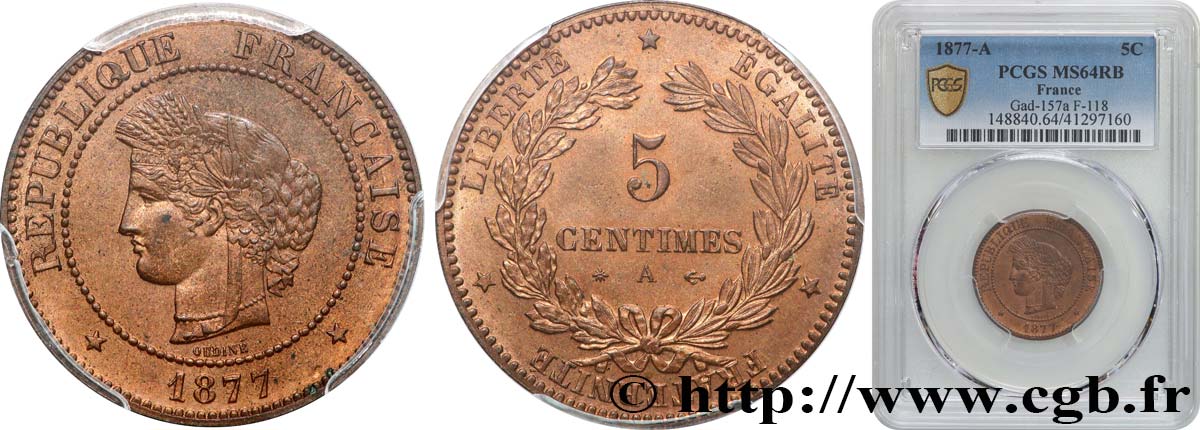 5 centimes Cérès 1877 Paris F.118/15 SPL64 PCGS