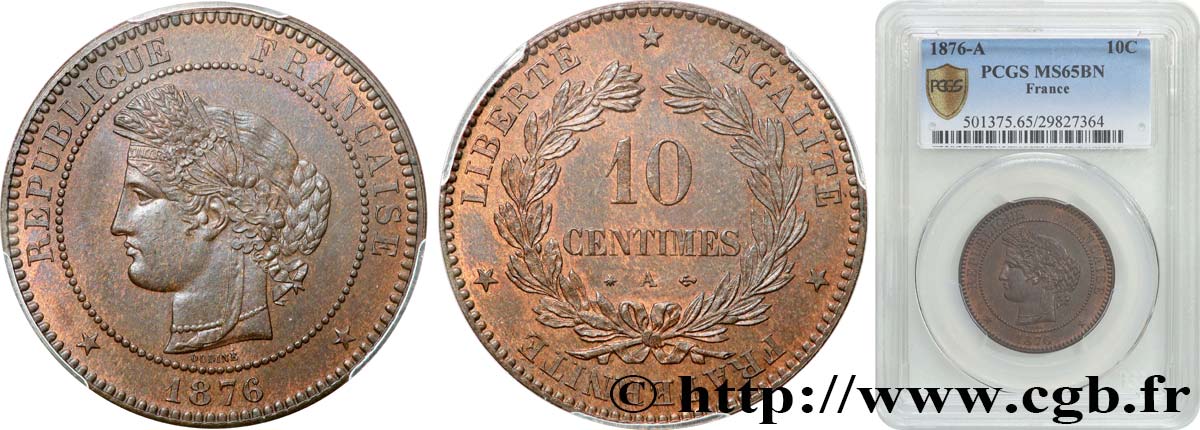 10 centimes Cérès 1876 Paris F.135/16 MS65 PCGS