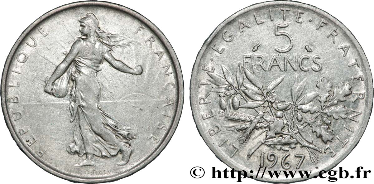 5 francs Semeuse, argent 1967 Paris F.340/11 AU58 
