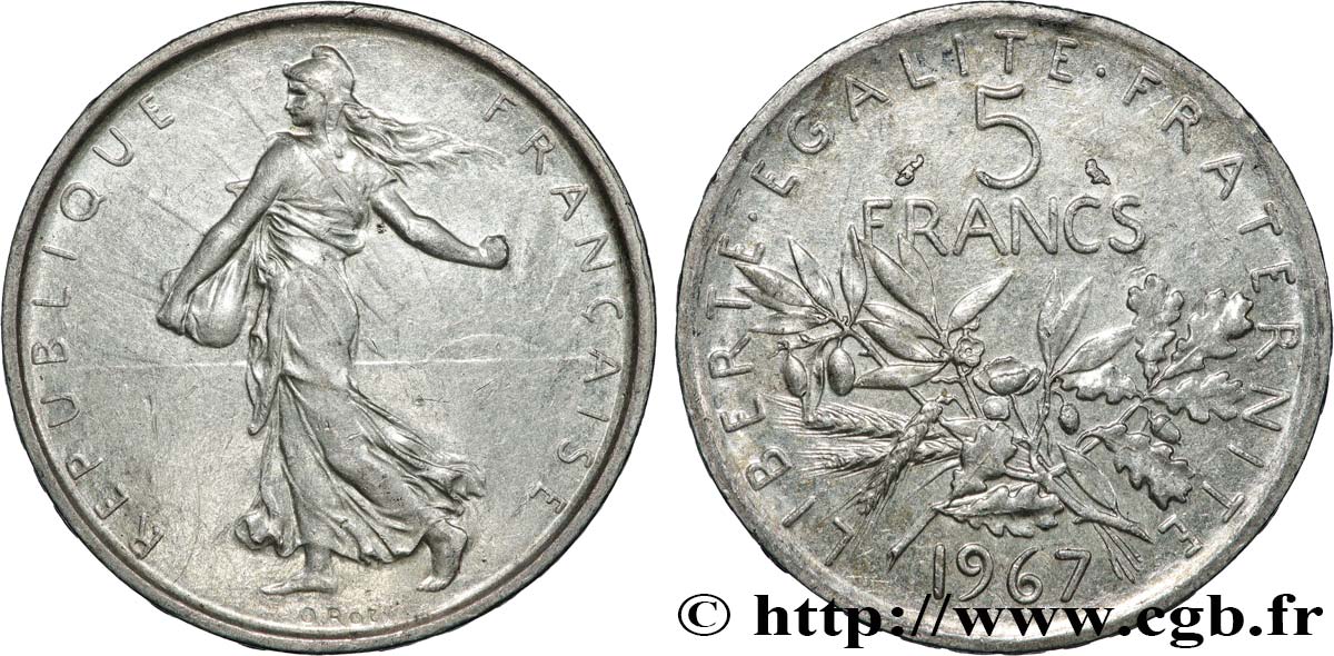 5 francs Semeuse, argent 1967 Paris F.340/11 AU58 