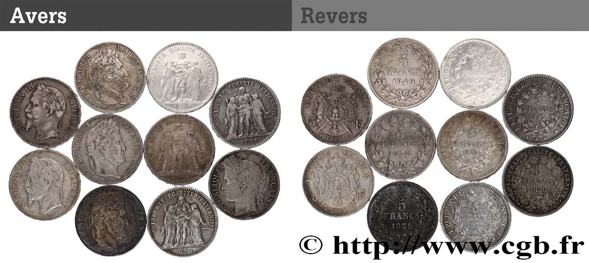 Lot de dix écus de 5 francs n.d.  F.-/ VF 