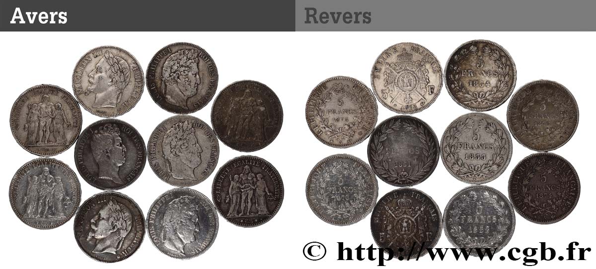 Lot de dix écus de 5 francs n.d.  F.-/ TB 