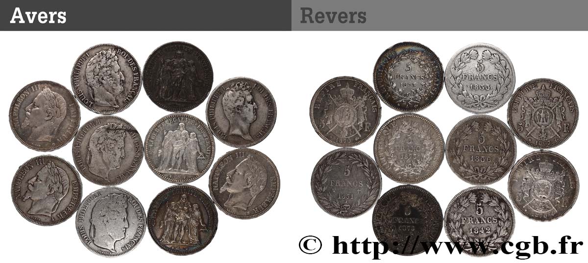 Lot de dix écus de 5 francs n.d.  F.-/ VF 