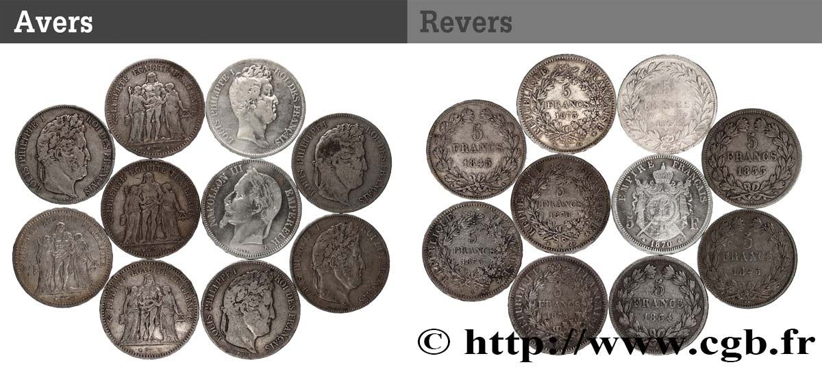 Lot de dix écus de 5 francs n.d.  F.-/ TB 