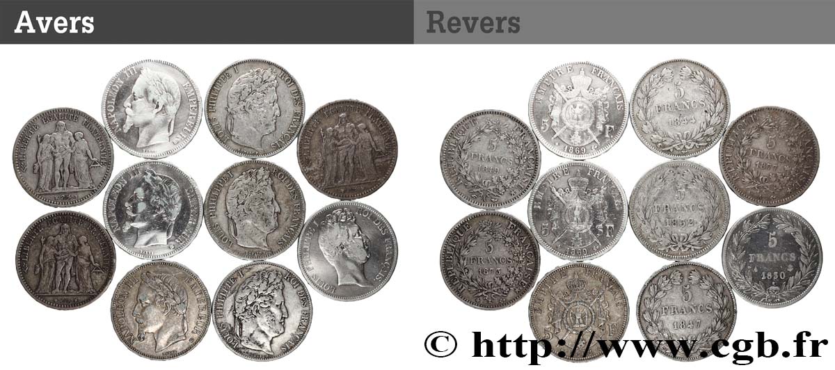 Lot de dix écus de 5 francs n.d.  F.-/ VF 