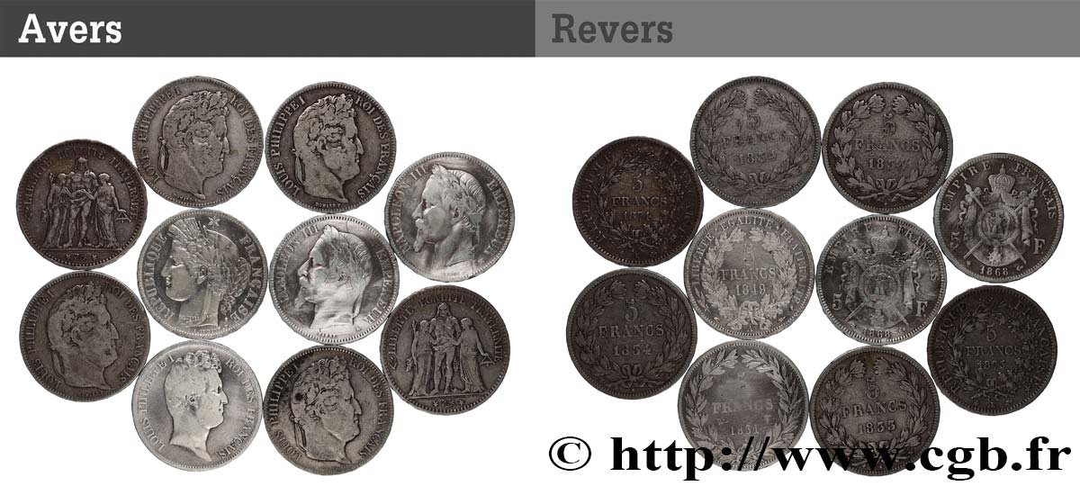 Lot de dix écus de 5 francs n.d.  F.-/ VF 