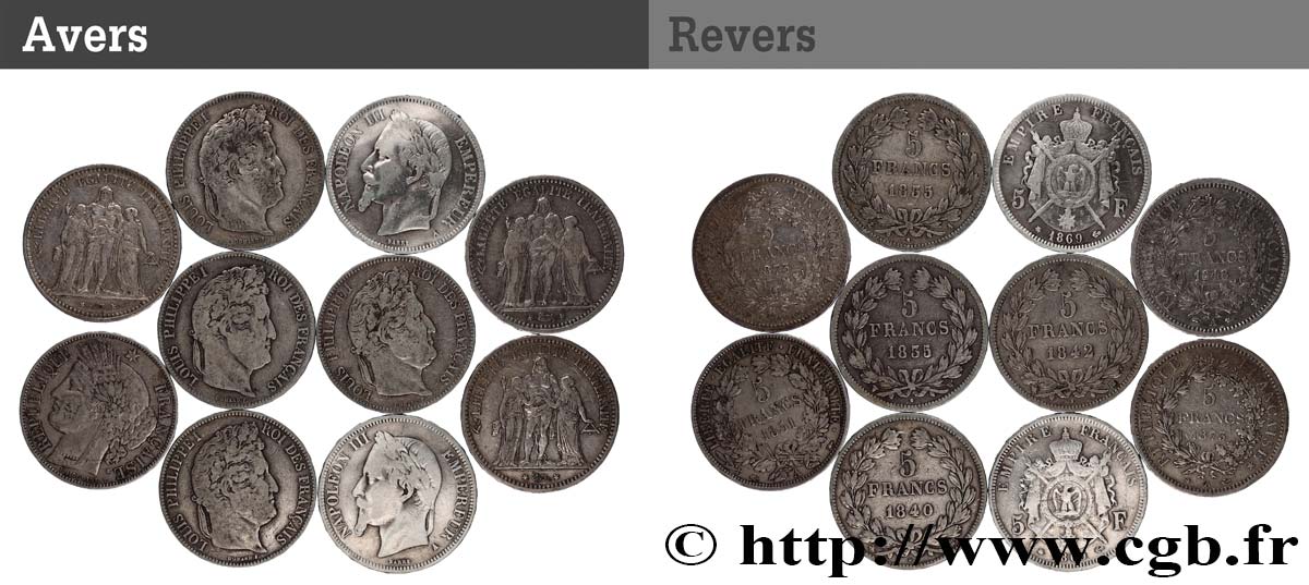 Lot de dix écus de 5 francs n.d.  F.-/ VF 