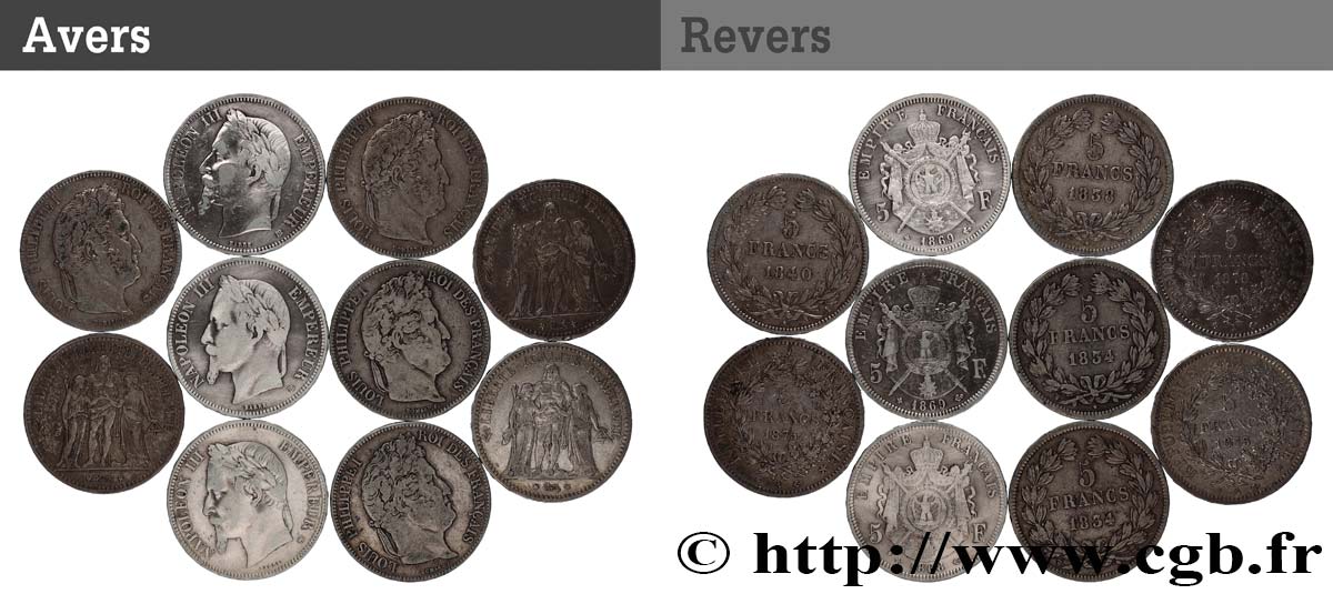 Lot de dix écus de 5 francs n.d.  F.-/ S 