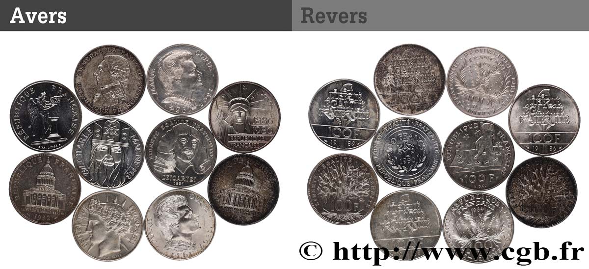 Lot de 10 pièces de 100 francs commémoratives - - F.-/ XF 