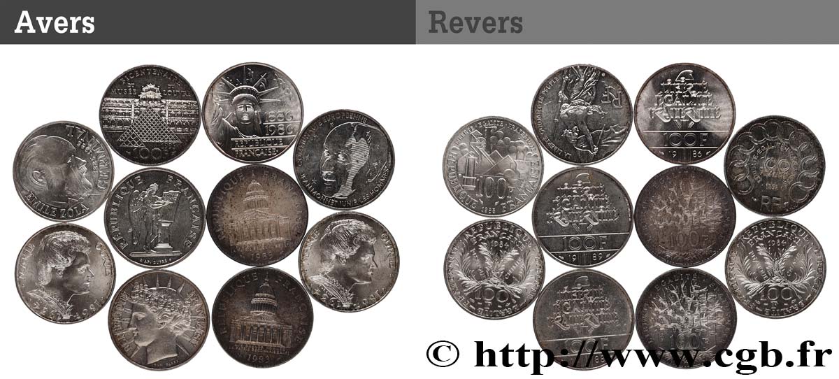 Lot de 10 pièces de 100 francs commémoratives - - F.-/ TTB 
