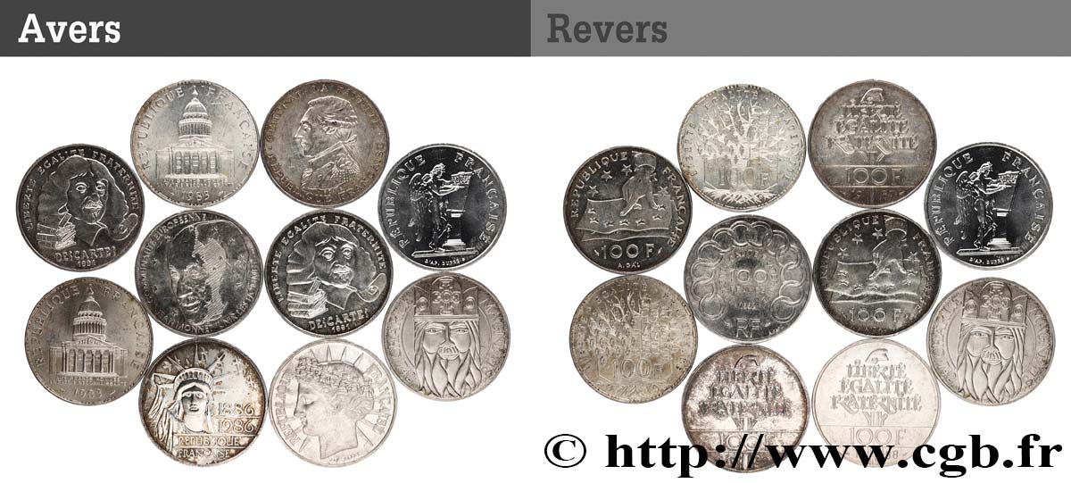Lot de 10 pièces de 100 francs commémoratives - - F.-/ XF 
