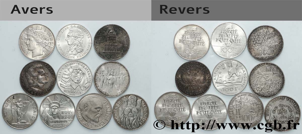Lot de 10 pièces de 100 francs commémoratives - - F.-/ TTB 