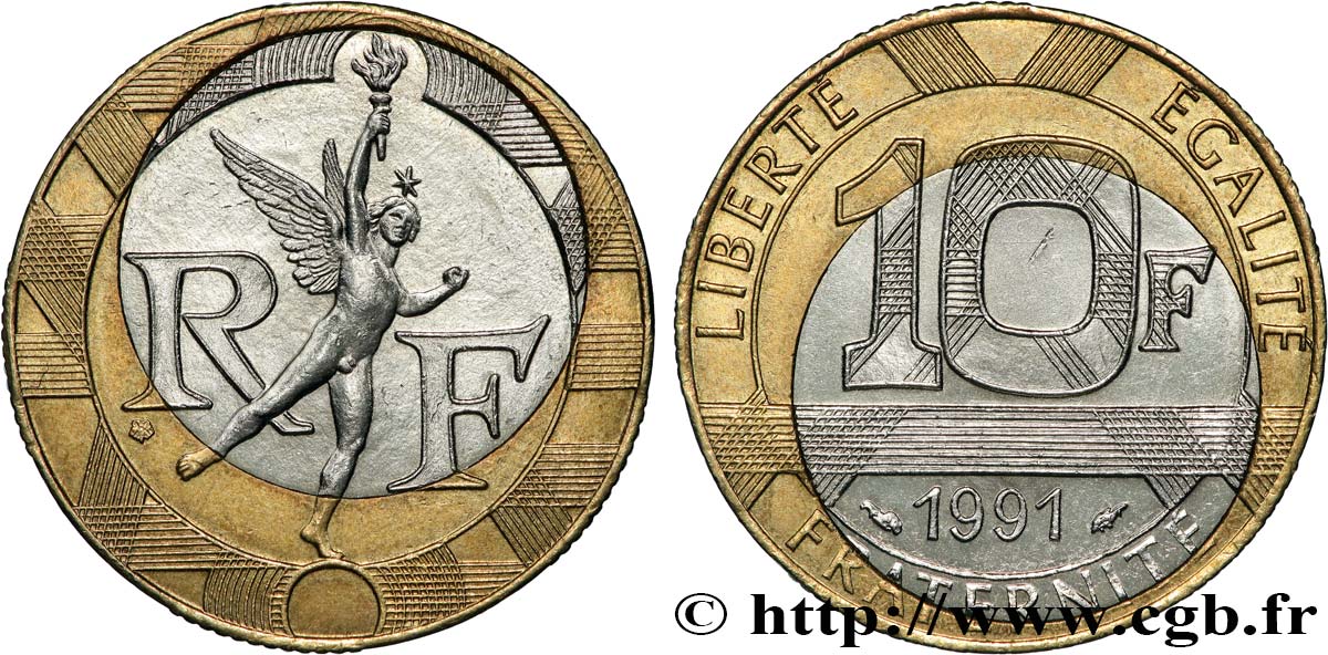 10 francs Génie de la Bastille, Fauté, Coeur Décentré 1991 Pessac F.375/6 var. SUP60 