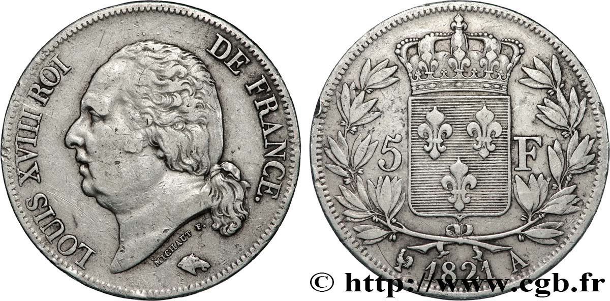 5 francs Louis XVIII, tête nue 1821 Paris F.309/60 TTB 