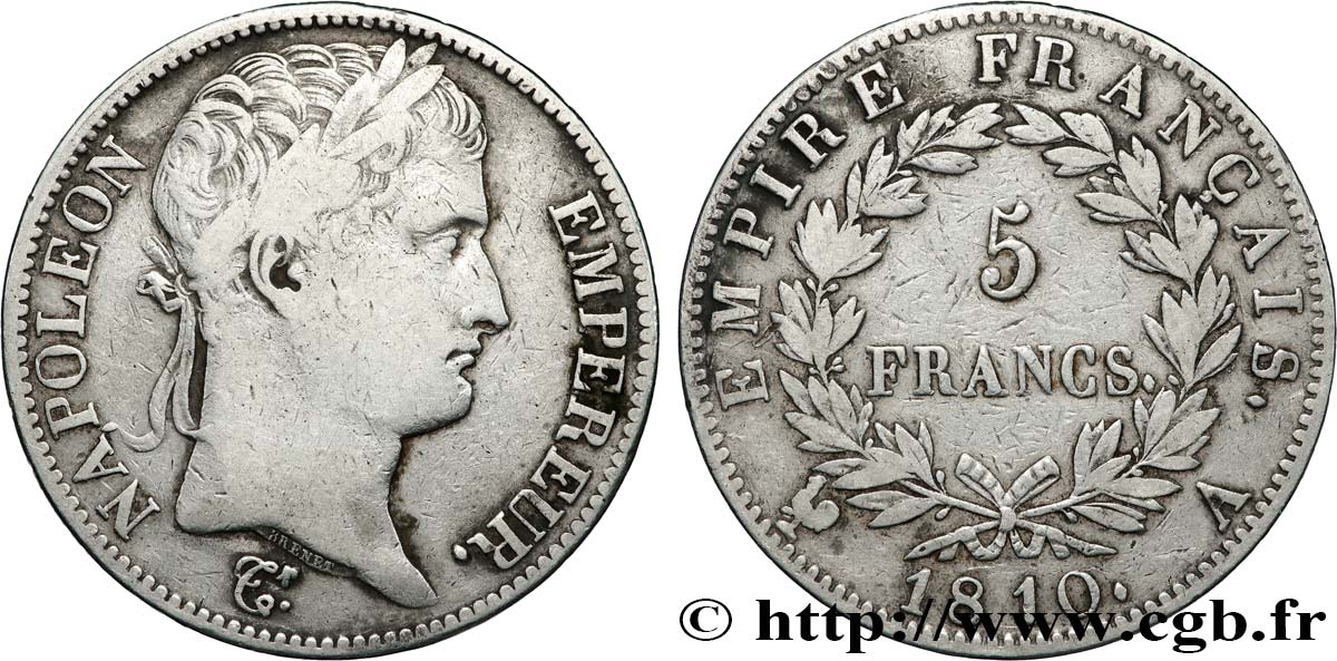 5 francs Napoléon Empereur, Empire français 1810 Paris F.307/14 TB 