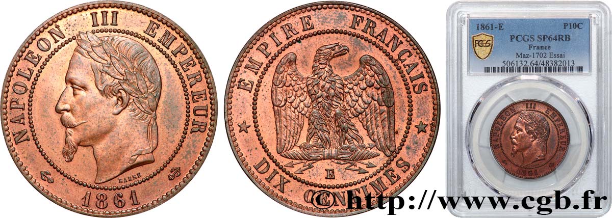 Essai de dix centimes Napoléon tête laurée 1861 Paris Maz.1702  MS64 PCGS
