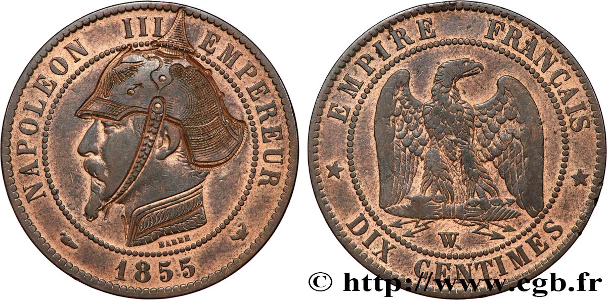 Dix centimes Napoléon III, tête nue, satirique 1855 Lille F.133/32 var. TB+ 