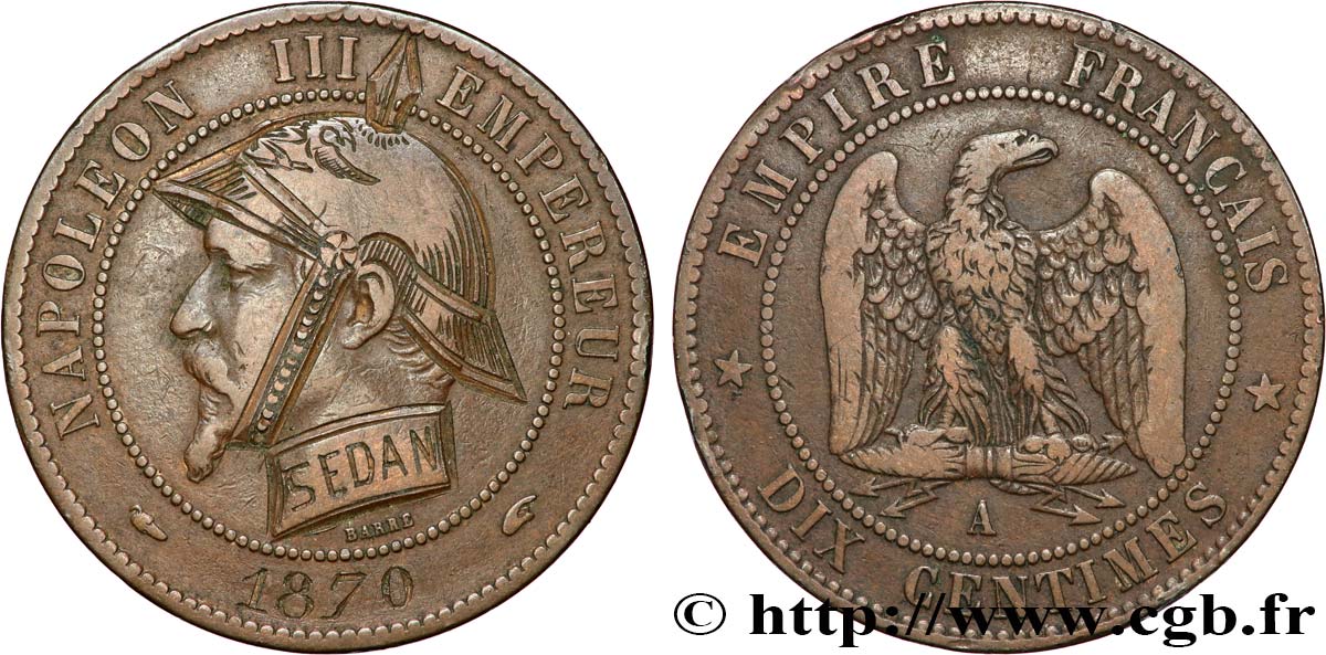 Dix centimes Napoléon III, tête nue, satirique 1870 Paris F.133/- var. VF 
