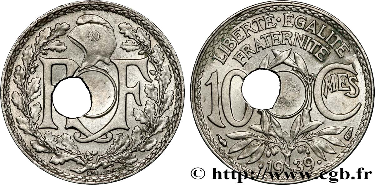 10 centimes Lindauer, maillechort, trou décentré 1939  F.139/3 var. SPL 