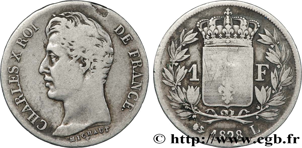 1 franc Charles X, matrice du revers à quatre feuilles 1828 Bayonne F.207A/8 B+ 