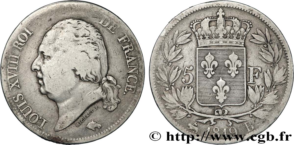 5 francs Louis XVIII, tête nue 1819 Rouen F.309/41 TB 