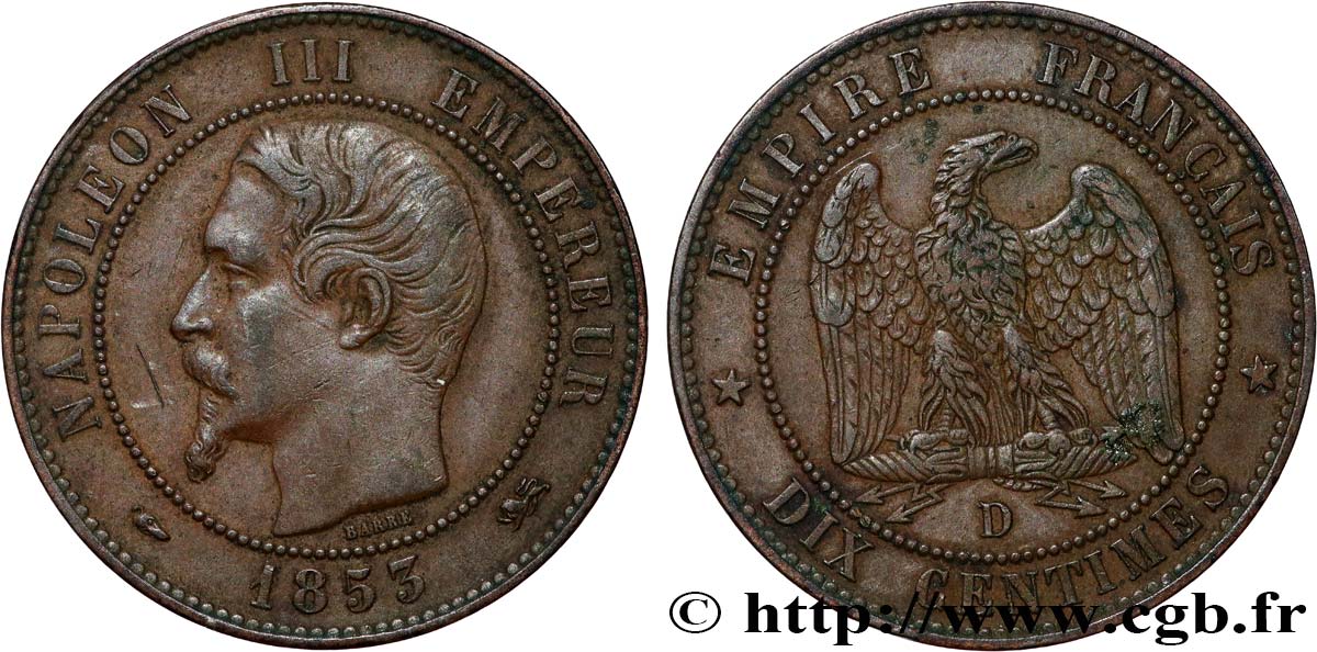 Dix centimes Napoléon III, tête nue 1853 Lyon F.133/5 TTB+ 