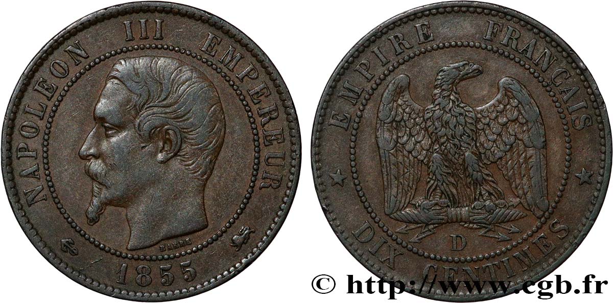 Dix centimes Napoléon III, tête nue 1855 Lyon F.133/26 XF45 