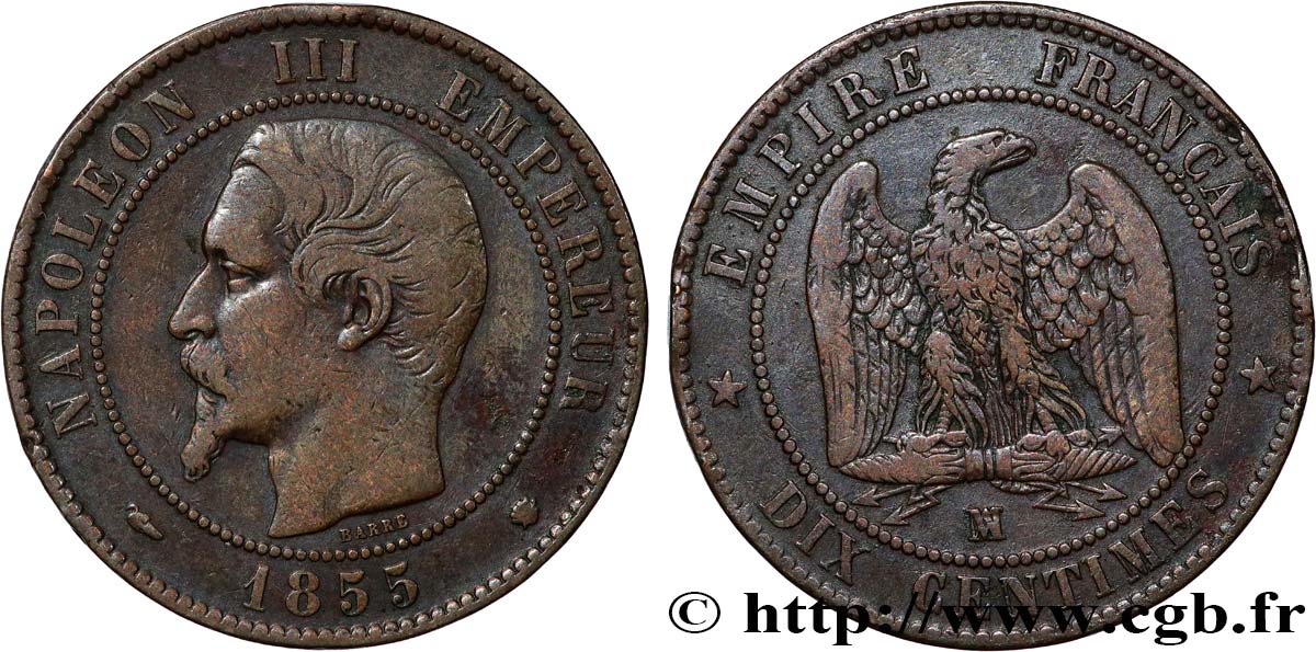 Dix centimes Napoléon III, tête nue, différent levrette 1855 Marseille F.133/30 S 