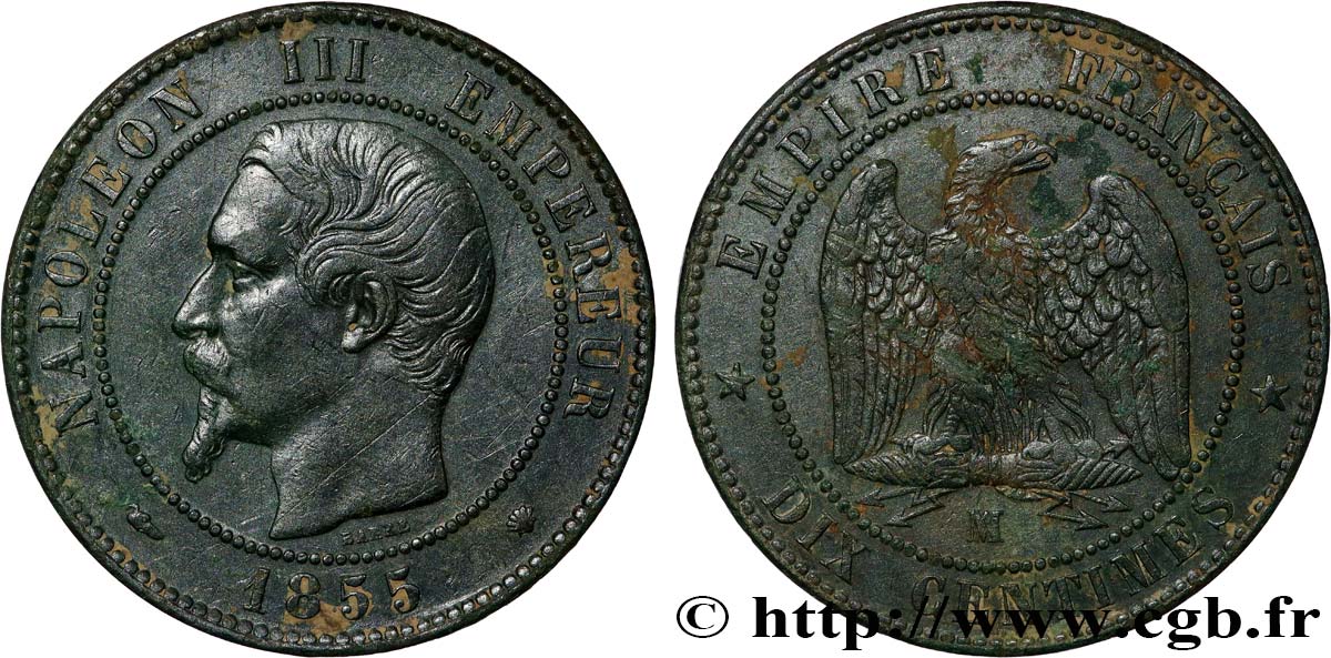 Dix centimes Napoléon III, tête nue, différent levrette 1855 Marseille F.133/30 MBC 