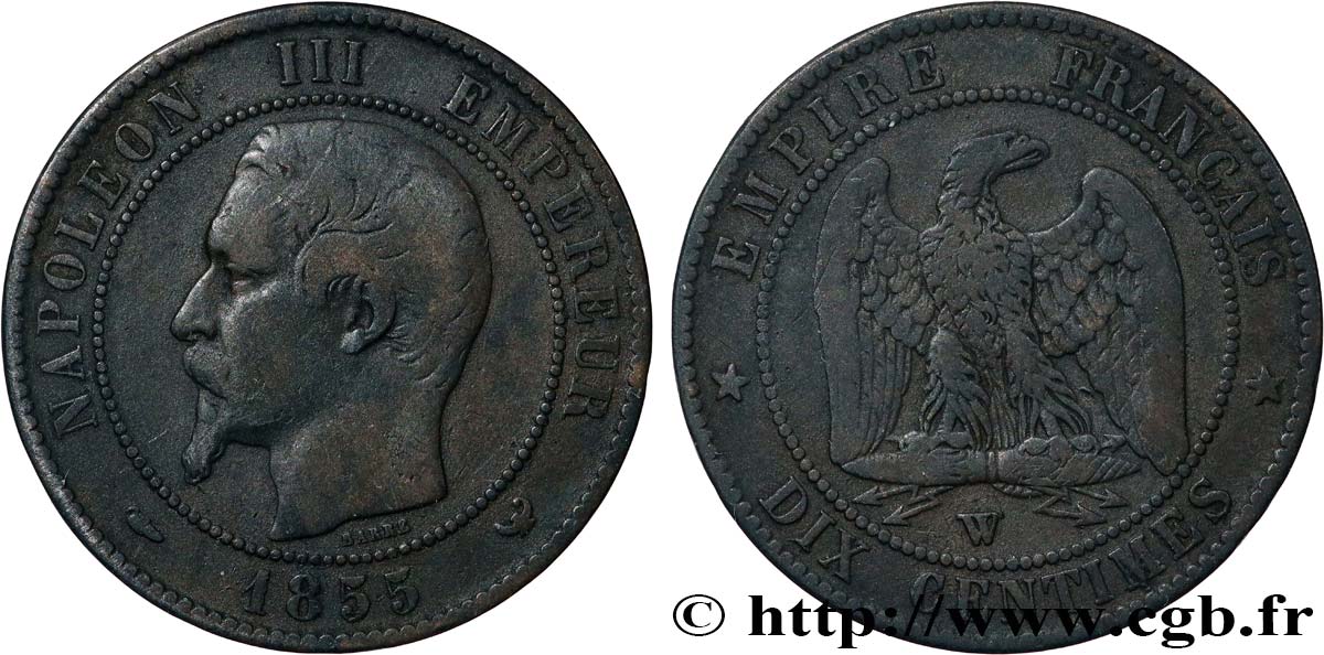 Dix centimes Napoléon III, tête nue 1855 Lille F.133/32 VF 