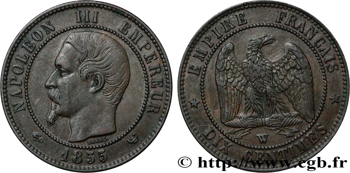 Dix centimes Napoléon III, tête nue 1855 Lille F.133/33 AU53 