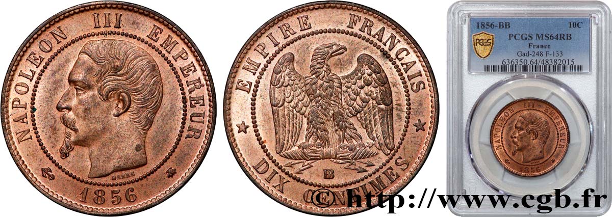 Dix centimes Napoléon III, tête nue 1856 Strasbourg F.133/36 MS64 PCGS