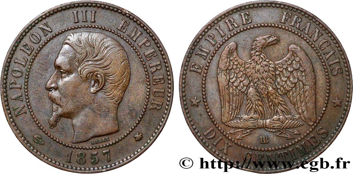 Dix centimes Napoléon III, tête nue 1857 Strasbourg F.133/43 XF 