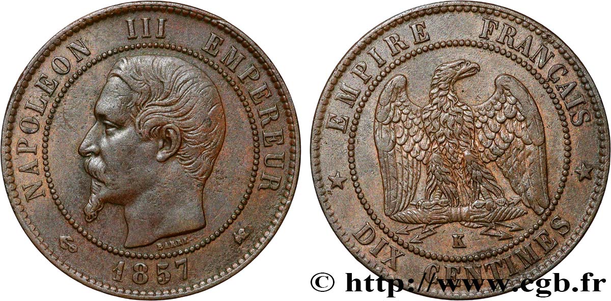 Dix centimes Napoléon III, tête nue 1857 Bordeaux F.133/44 AU50 
