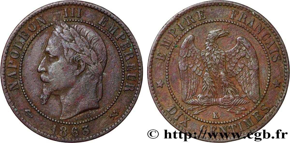 Dix centimes Napoléon III, tête laurée 1863 Bordeaux F.134/12 MB 