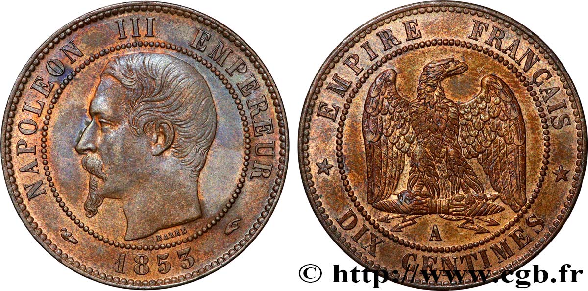 Dix centimes Napoléon III, tête nue 1853 Paris F.133/2 VZ 